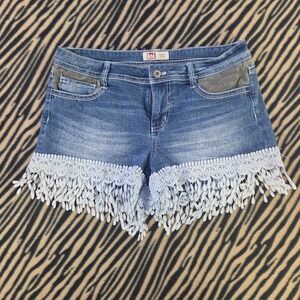 Y2K Vintage LEI Ashley Lowrise Denim Shorts Lace Fringe Camo Trim Blue Womens 11